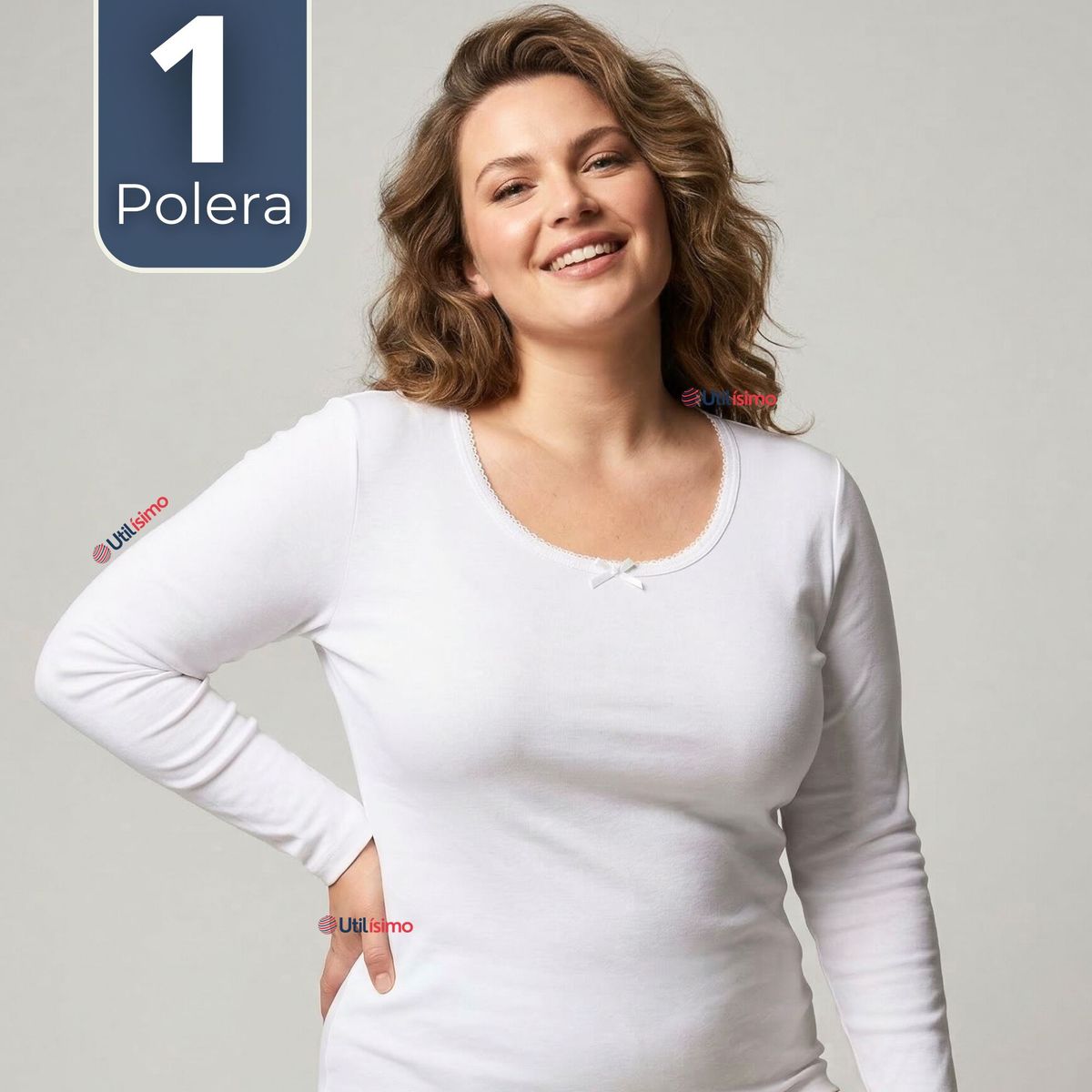 UTILISIMO - Camiseta Polera Algodón Primera Capa Manga Larga Blanco Mujer