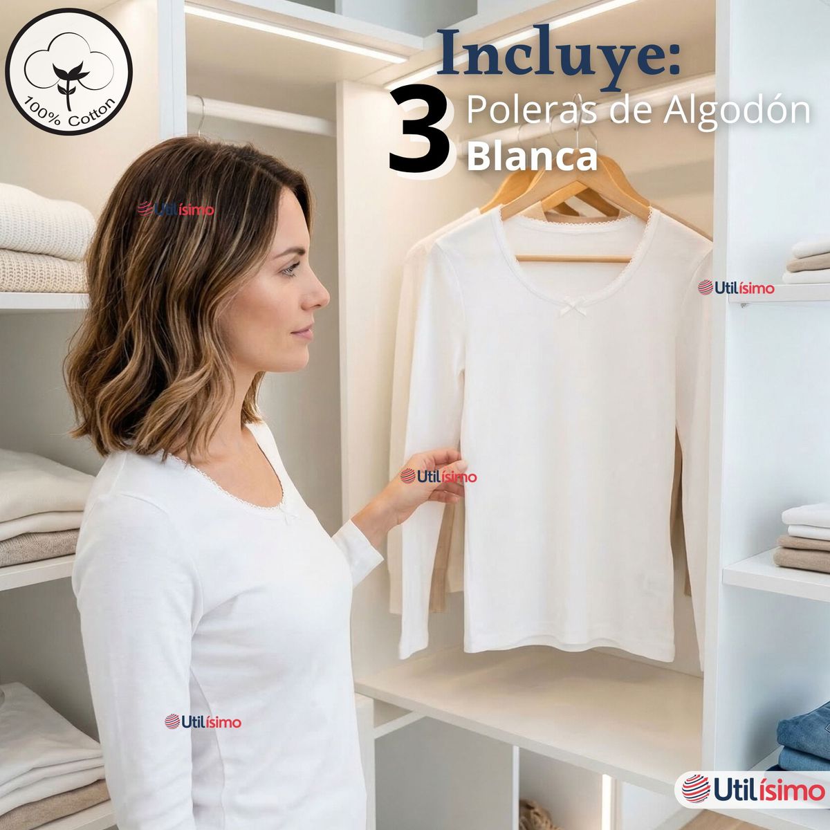 UTILISIMO - Pack 3 Camisetas Poleras Algodón Primera Capa Manga Larga Blanco Mujer