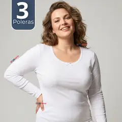 UTILISIMO - Pack 3 Camisetas Poleras Algodón Primera Capa Manga Larga Blanco Mujer