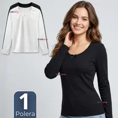 UTILISIMO - Camiseta Polera Algodón Primera Capa Manga Larga Blanco Negro Mujer