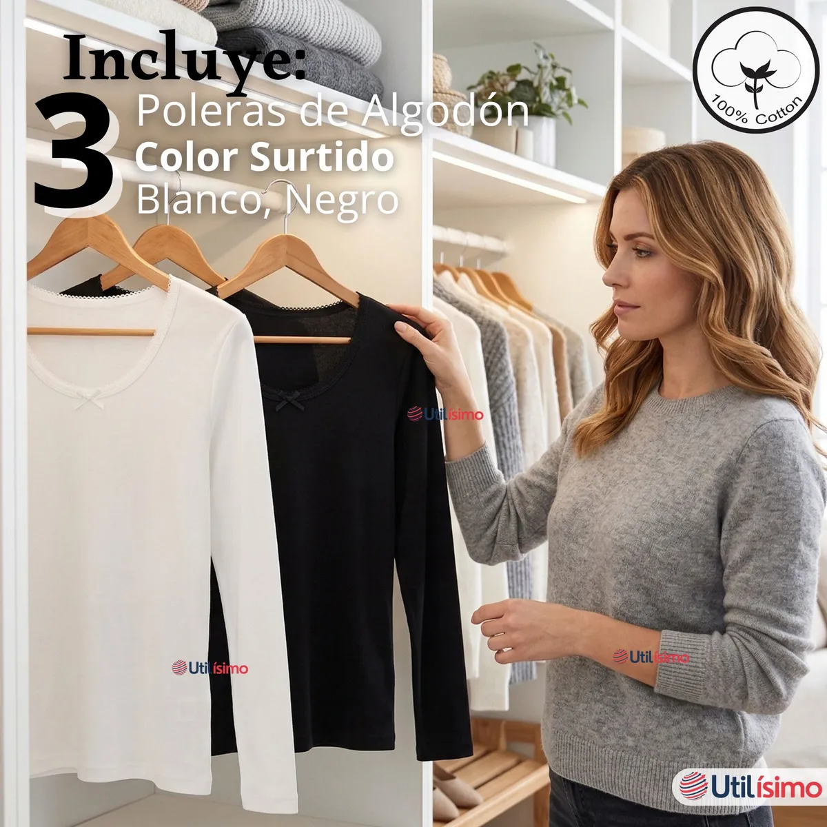 UTILISIMO - Pack 3 Camisetas Poleras Algodón Primera Capa Manga Larga Blanco Negro Mujer