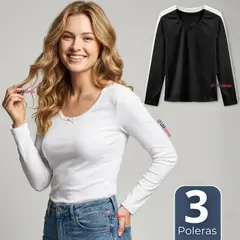 UTILISIMO - Pack 3 Camisetas Poleras Algodón Primera Capa Manga Larga Blanco Negro Mujer