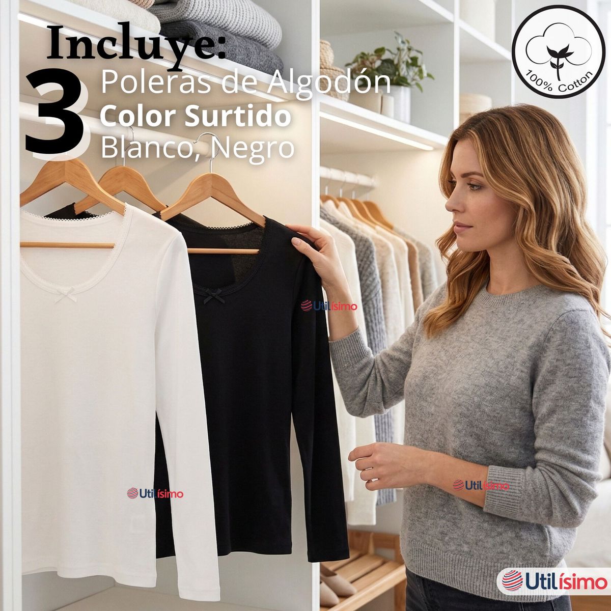 UTILISIMO - Pack 3 Camisetas Poleras Algodón Primera Capa Manga Larga Blanco Negro Mujer