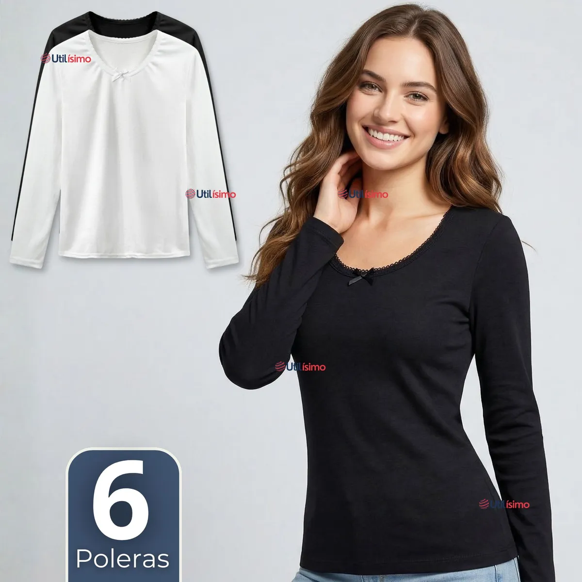 UTILISIMO - Pack 6 Camisetas Poleras Algodón Primera Capa Manga Larga Blanco Negro Mujer
