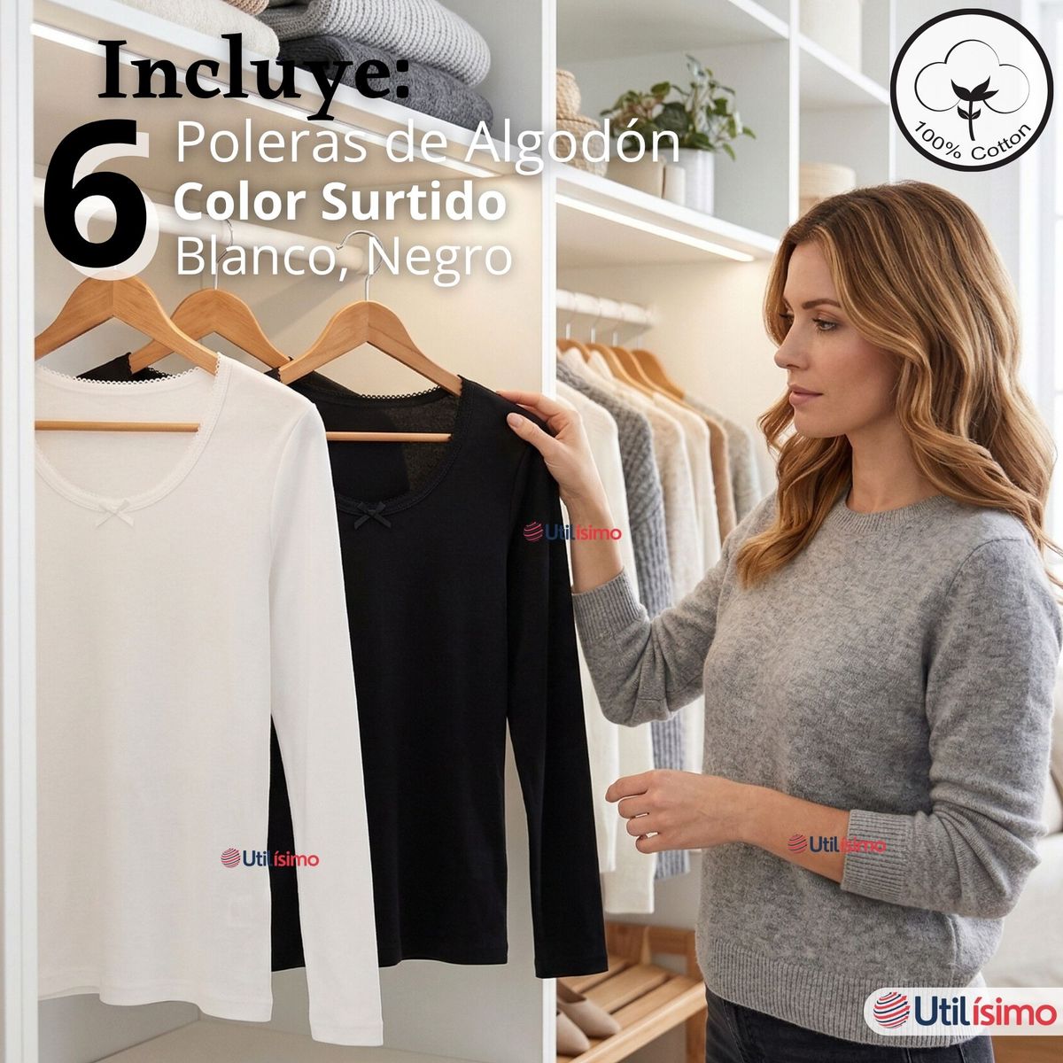 UTILISIMO - Pack 6 Camisetas Poleras Algodón Primera Capa Manga Larga Blanco Negro Mujer