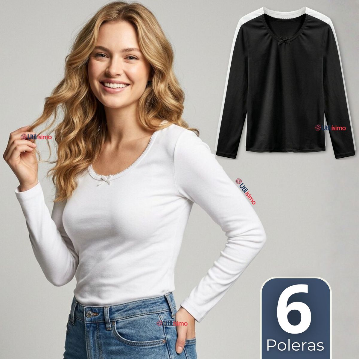UTILISIMO - Pack 6 Camisetas Poleras Algodón Primera Capa Manga Larga Blanco Negro Mujer