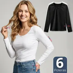 UTILISIMO - Pack 6 Camisetas Poleras Algodón Primera Capa Manga Larga Blanco Negro Mujer