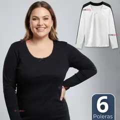 UTILISIMO - Pack 6 Camisetas Poleras Algodón Primera Capa Manga Larga Blanco Negro Mujer