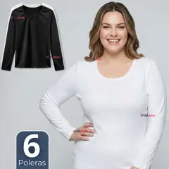UTILISIMO - Pack 6 Camisetas Poleras Algodón Primera Capa Manga Larga Blanco Negro Mujer