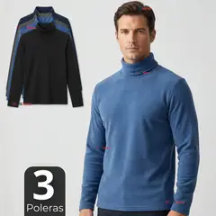 UTILISIMO - Pack 3 Camisetas Poleras Polar Primera Capa Cuello Beatle Manga Larga Colores Surtidos Hombre