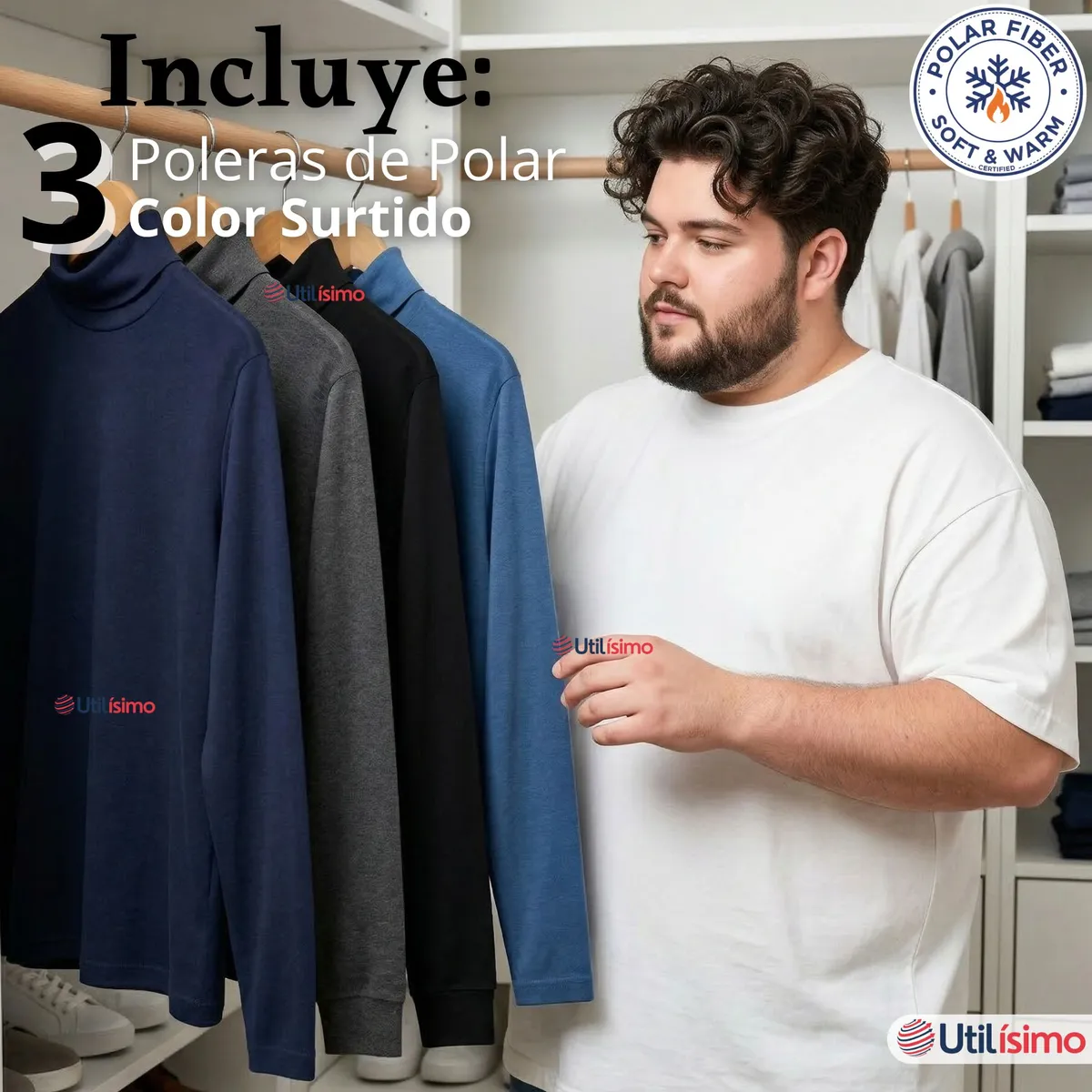 UTILISIMO - Pack 3 Camisetas Poleras Polar Primera Capa Cuello Beatle Manga Larga Colores Surtidos Hombre