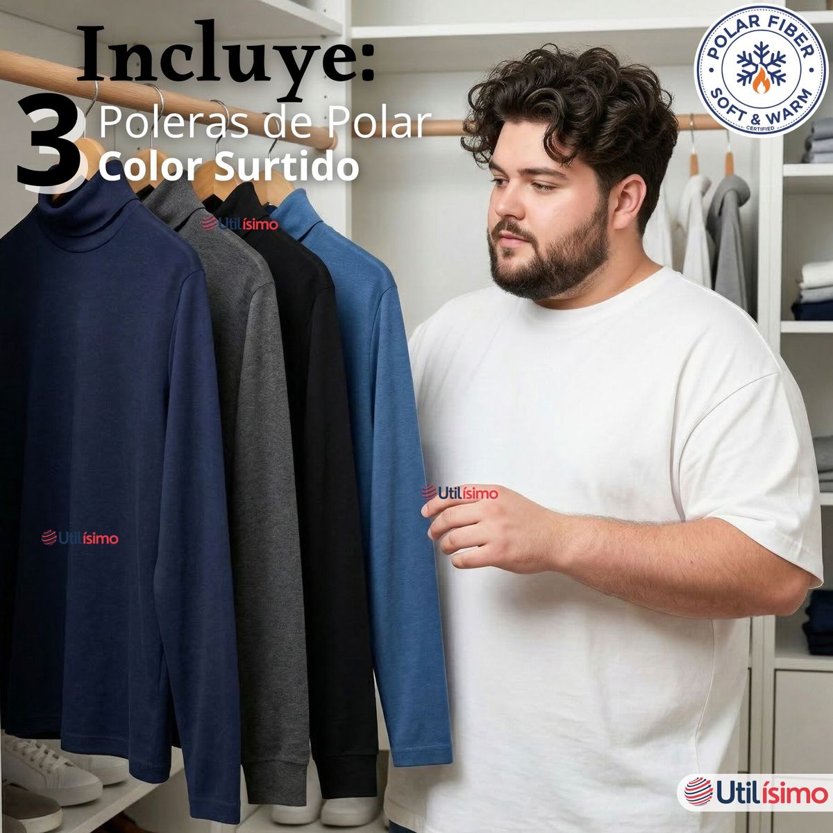 UTILISIMO - Pack 3 Camisetas Poleras Polar Primera Capa Cuello Beatle Manga Larga Colores Surtidos Hombre