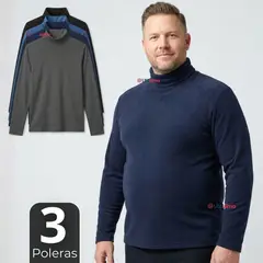 UTILISIMO - Pack 3 Camisetas Poleras Polar Primera Capa Cuello Beatle Manga Larga Colores Surtidos Hombre
