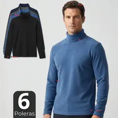 UTILISIMO - Pack 6 Camisetas Poleras Polar Primera Capa Cuello Beatle Manga Larga Colores Surtidos Hombre