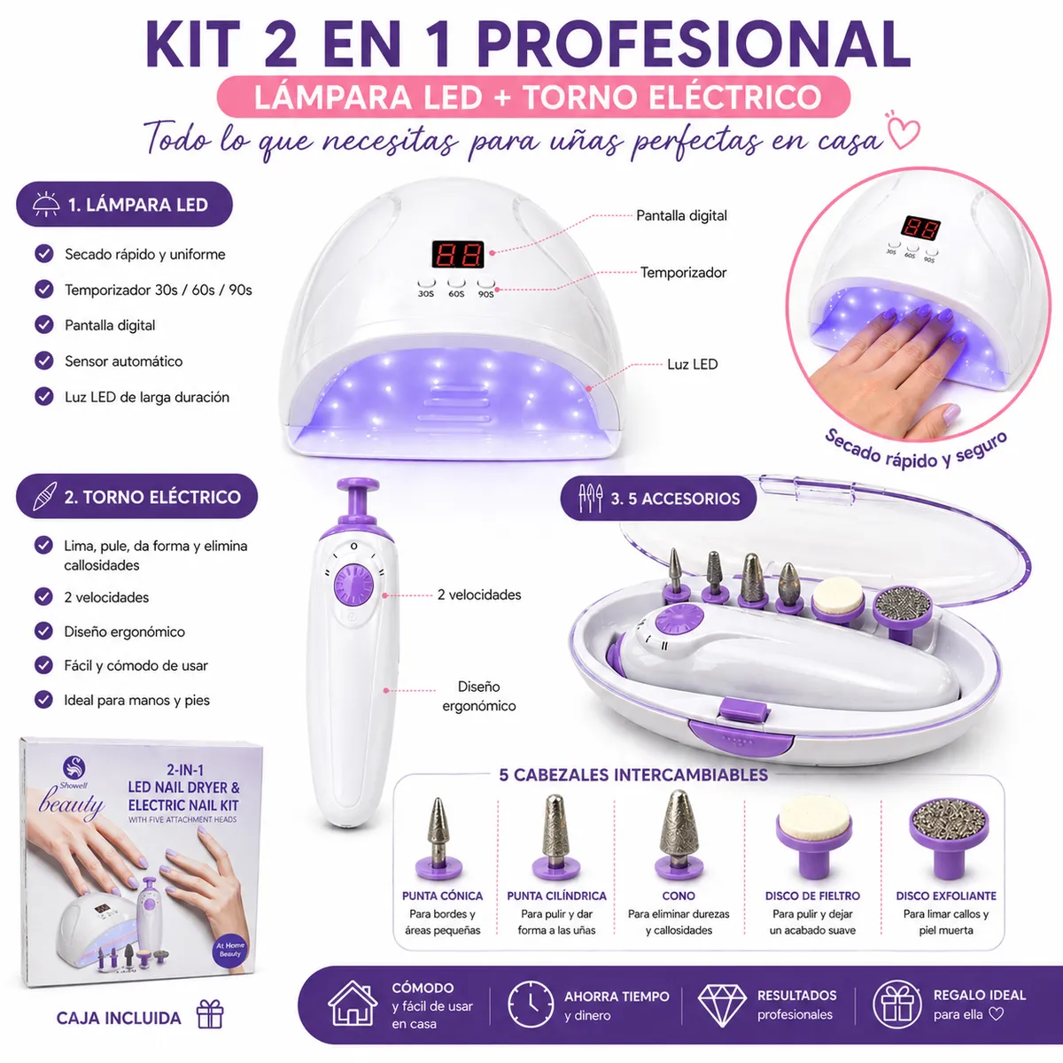 GENERICO - Kit Manicure 2 en 1 Lampara LED Secadora y Torno Profesional