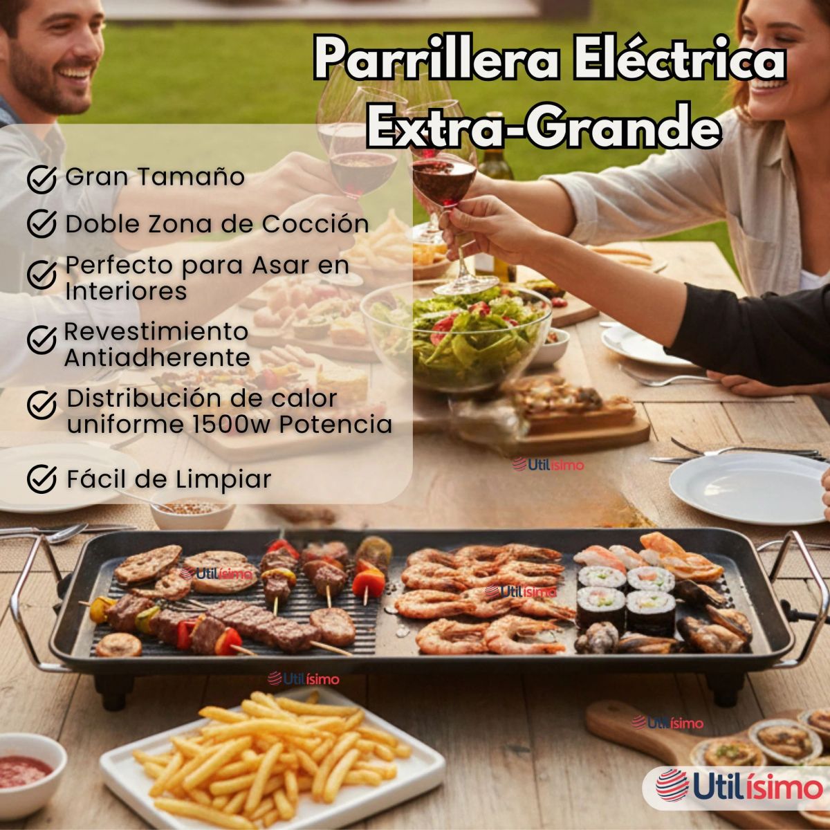 LINE - Plancha Parrillerra Eléctrica ExtraGrande Antiadherente Churrasquera 1500W de Potencia