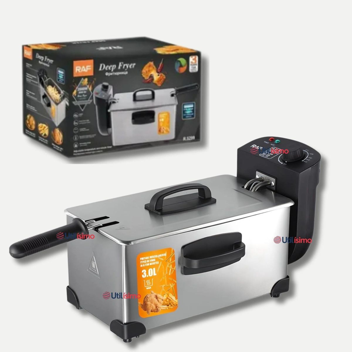 RAF - Freidora de Aceite 3L Eléctrica 2000W de Potencia Acero Inoxidable