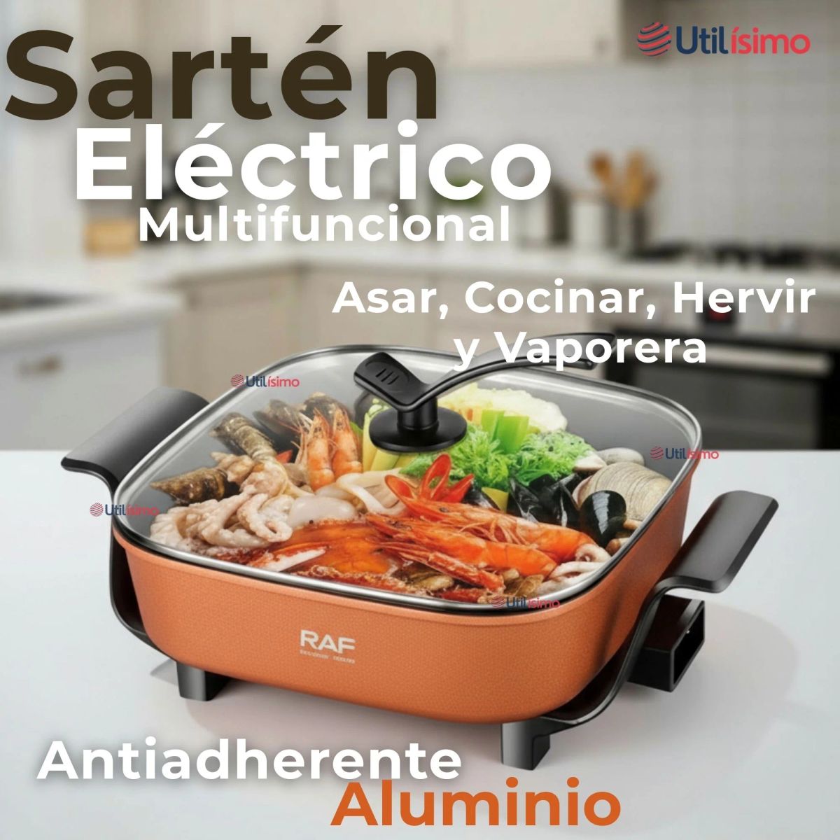 RAF - Sartén Eléctrico Multifuncional Antiadherente 1350W de Potencia