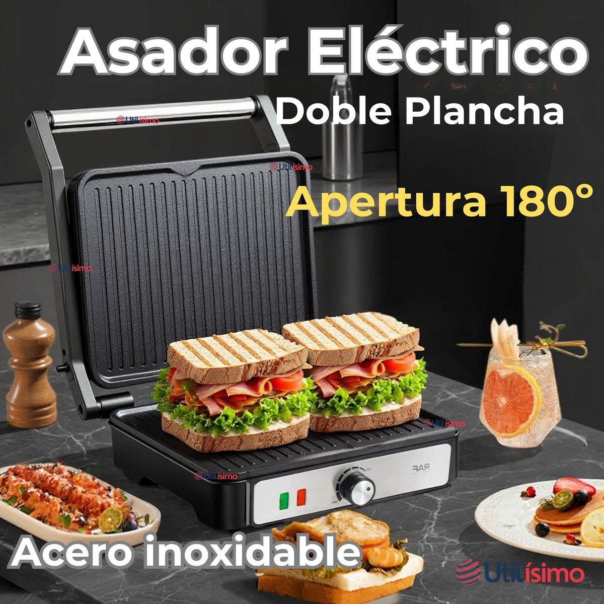 RAF - Plancha Parrillera Eléctrica 2000W Asadora Doble Cara Antiadherente