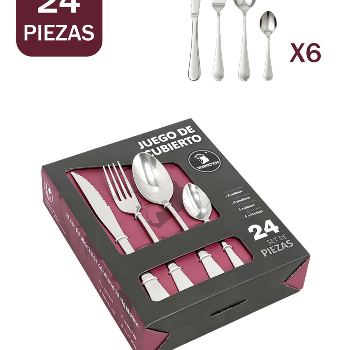 YOLIKITCHEN - Set Cubiertos 24 Piezas Acero Inoxidable Plateado Lujo Caja Regalo