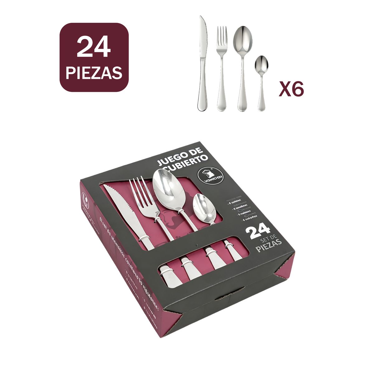 YOLIKITCHEN - Set Cubiertos 24 Piezas Acero Inoxidable Plateado Lujo Caja Regalo