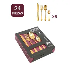 YOLIKITCHEN - Set Cubiertos 24 Pzs Acero Inox Dorado Lujo Caja Regal
