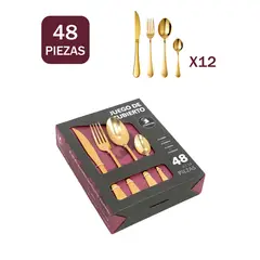 YOLIKITCHEN - Set Cubiertos 48 Pzs Acero Inox Dorado Lujo 12 Pers