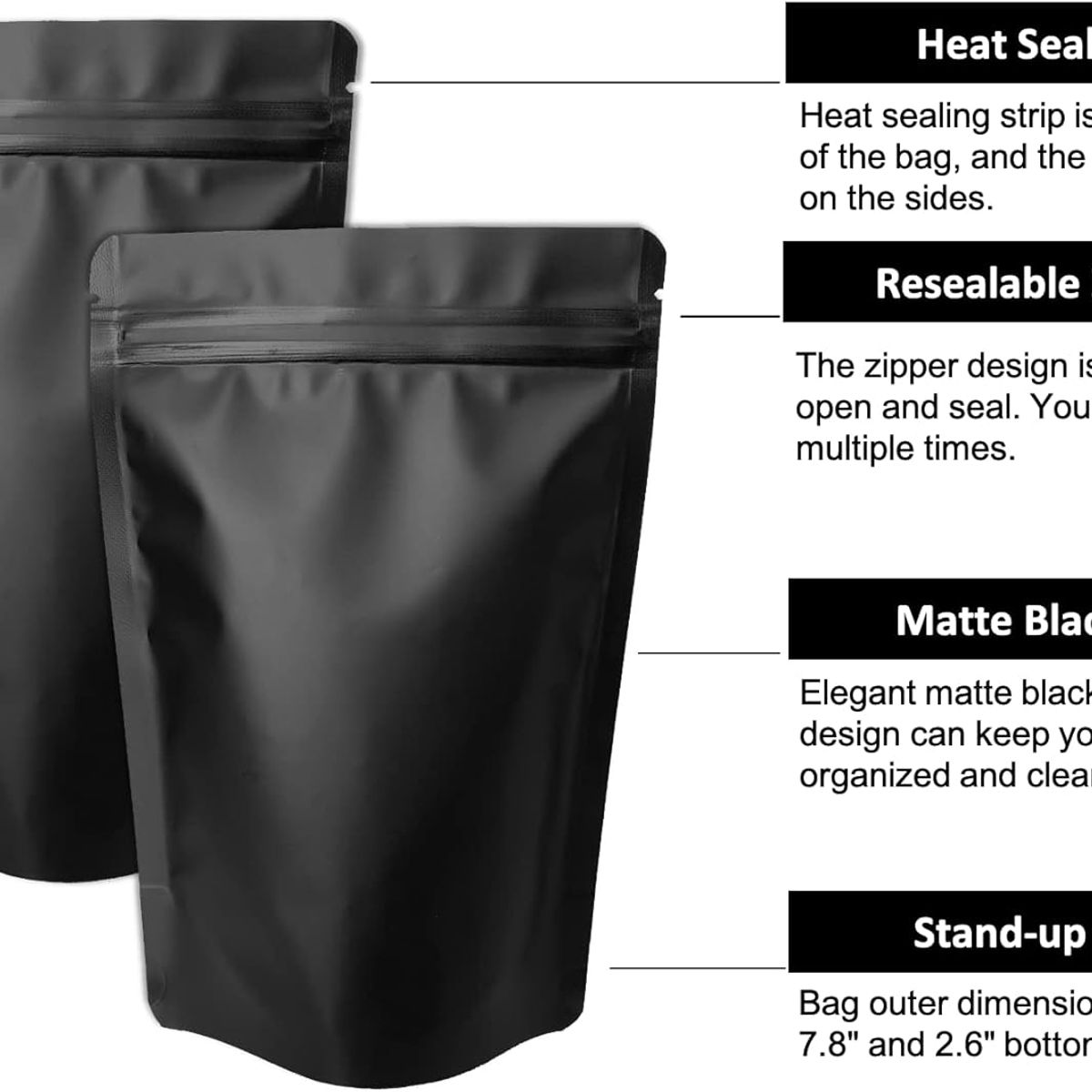 KUANGYE - 100 Bolsas Pouch Con Cierre Hermético Cremallera Negro 14x20