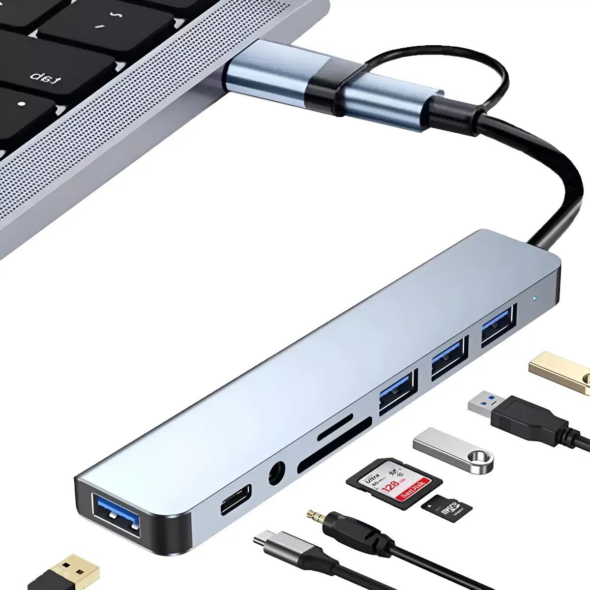 EVERSO - Adaptador Multipuerto Hub Tipo C 8 En 1 Hdmi Rj45 Usb Sd Td
