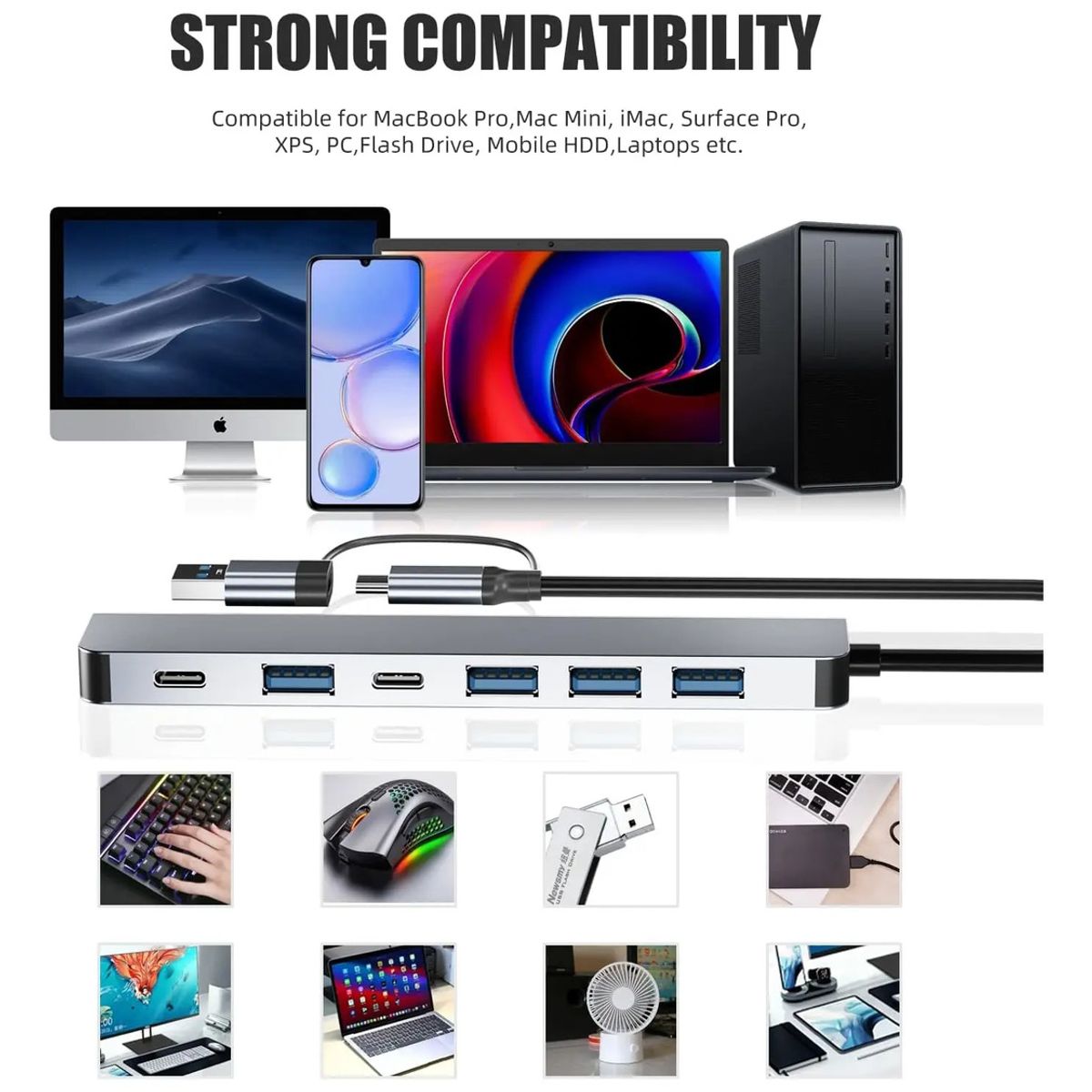 EVERSO - Adaptador Multipuerto Hub Tipo C 8 En 1 Hdmi Rj45 Usb Sd Td