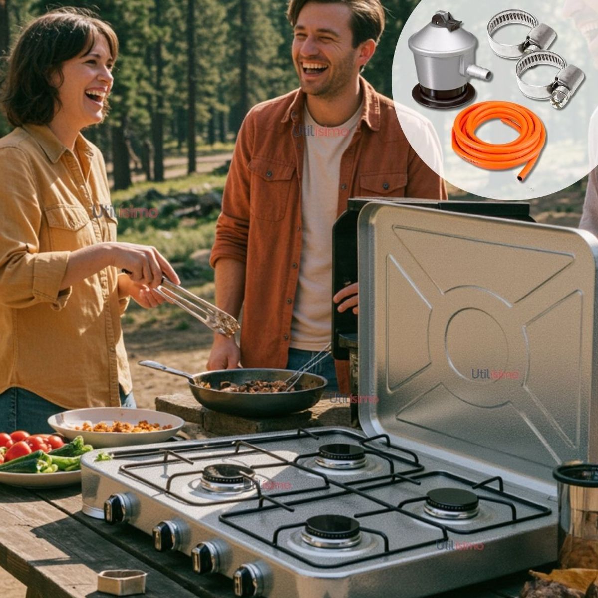 LINE - Cocina Encimera a Gas Licuado 4 Platos + KIT de Instalación Cocinilla Gris