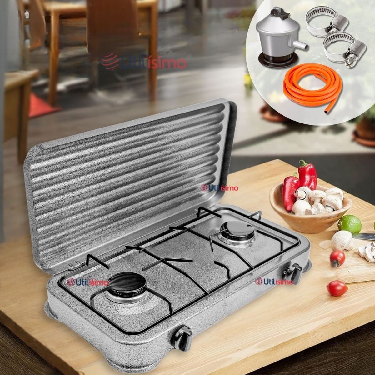 LINE - Cocina Encimera A Gas Licuado 2 Platos + Kit De Instalación Cocinilla Gris