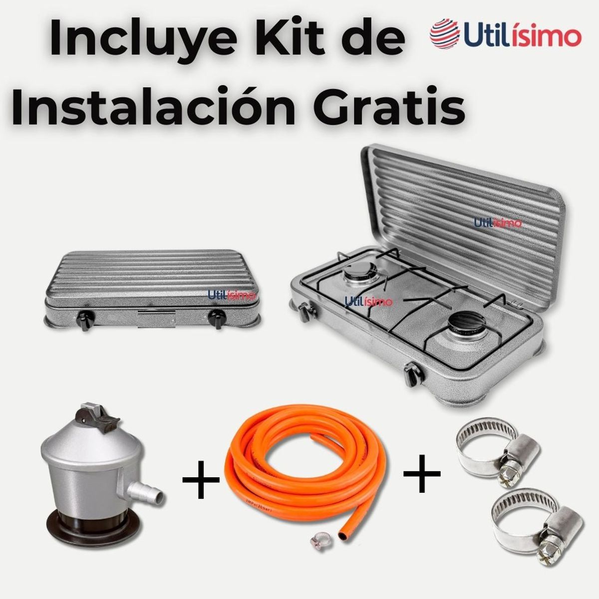 LINE - Cocina Encimera A Gas Licuado 2 Platos + Kit De Instalación Cocinilla Gris