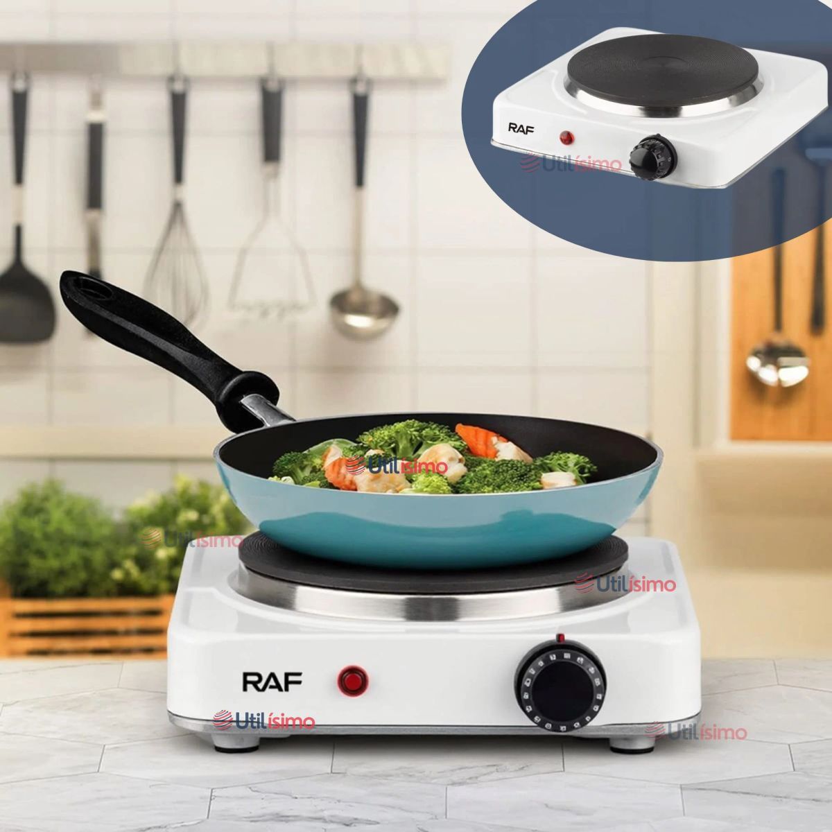RAF - Cocina Eléctrica Portátil 1 Plato 1000W de Potencia Cocinilla Blanca