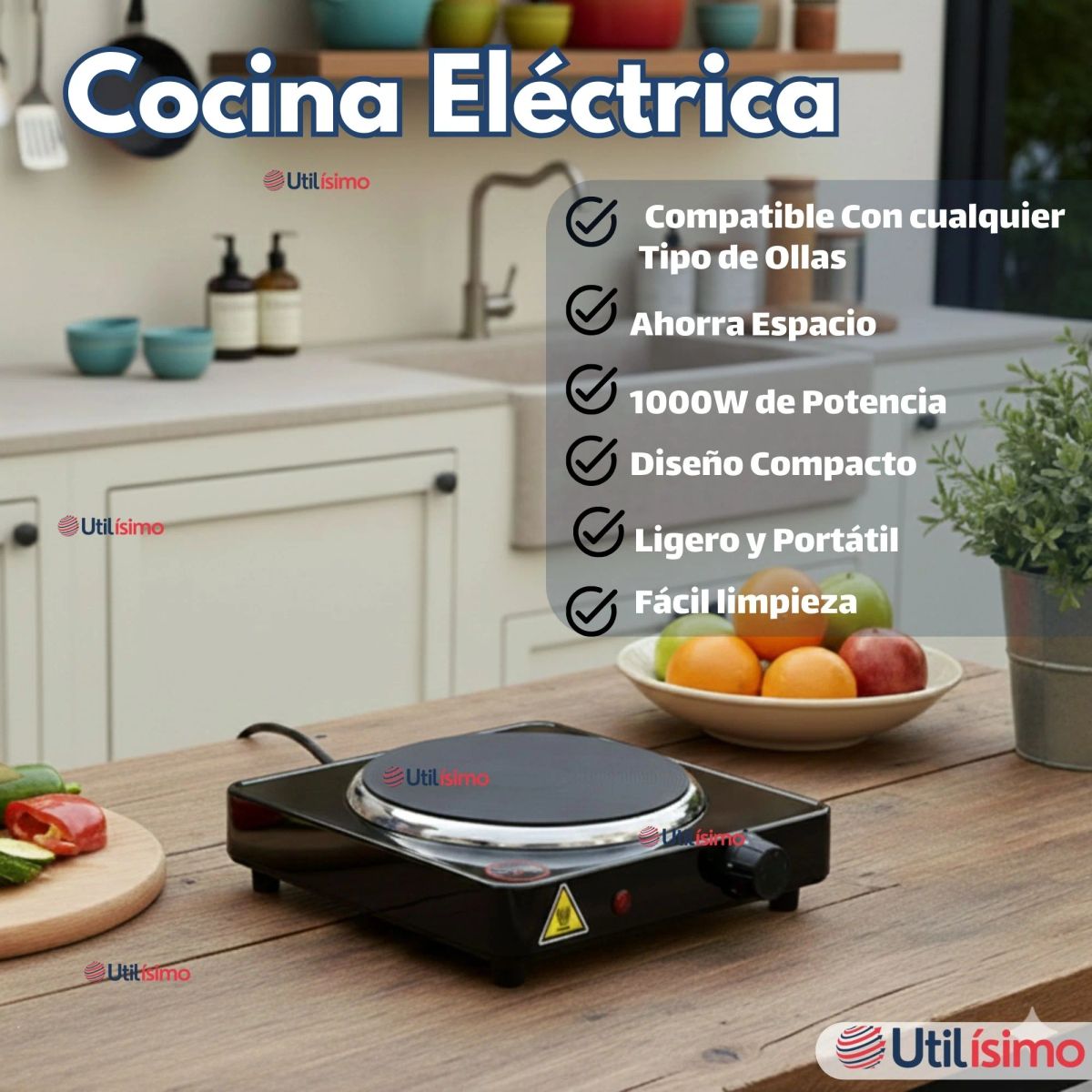 LINE - Cocina Cocinilla Eléctrica 1 Plato Encimera 1000W de Potencia Color Negro
