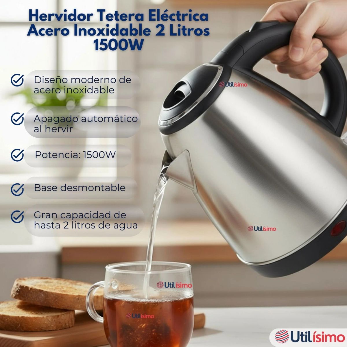 RAF - Hervidor Tetera Eléctrico Acero Inoxidable 2 Litros 1500W