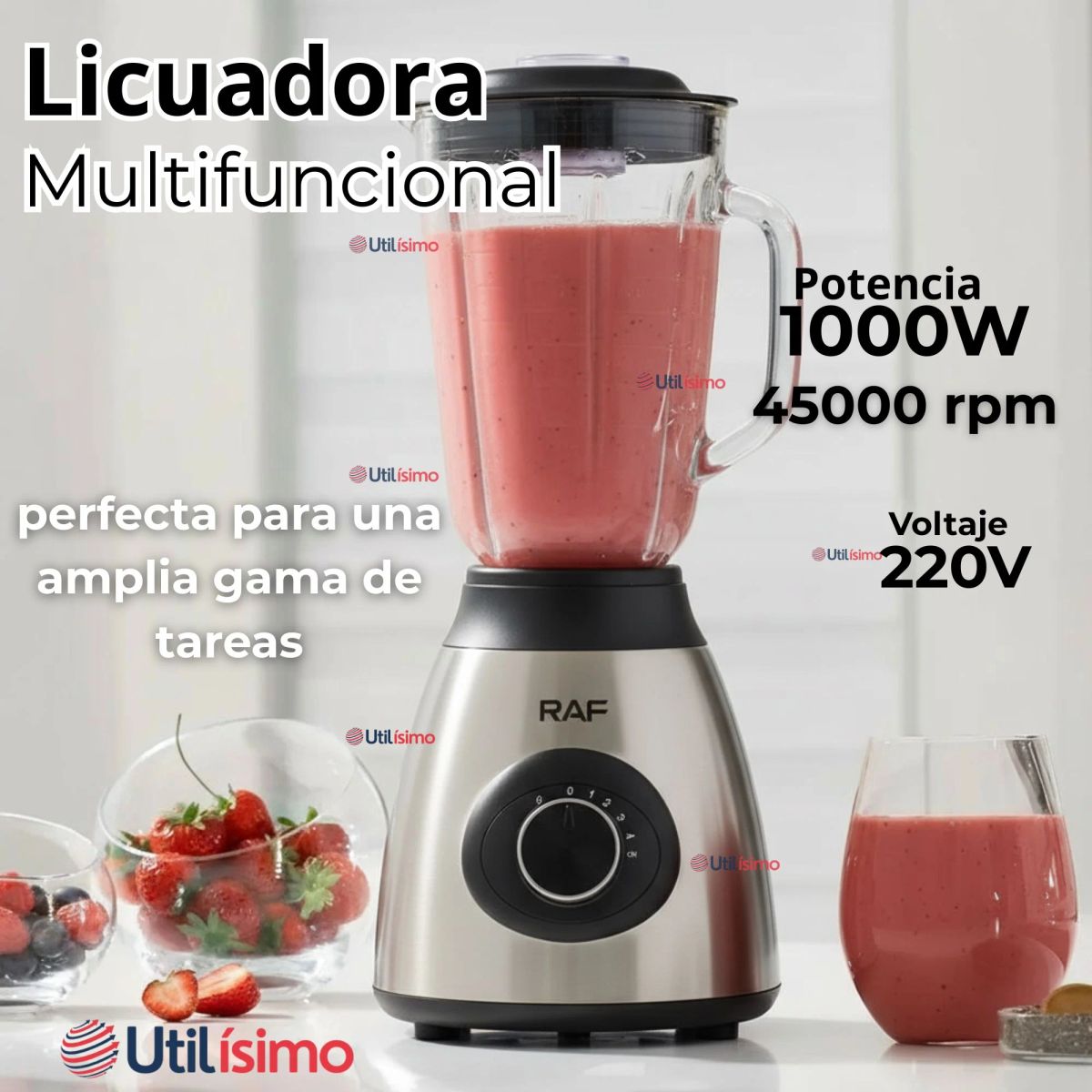 RAF - Licuadora Juguera Multifuncional 2 en 1 Picadora Jarra de Vidrio 1000W
