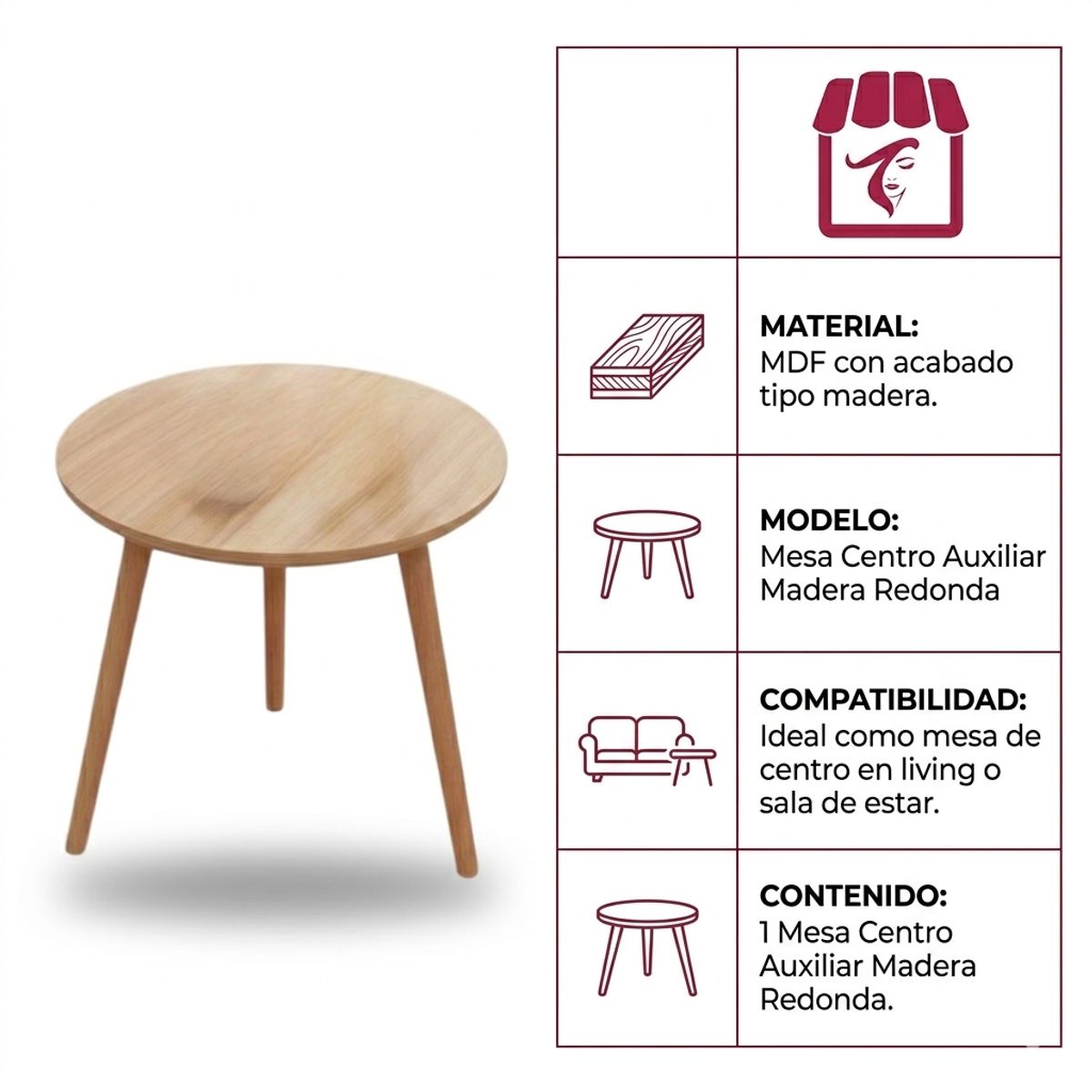 GENERICO - Mesa Centro Auxiliar Madera Redonda 60cm Minimalista Hogar
