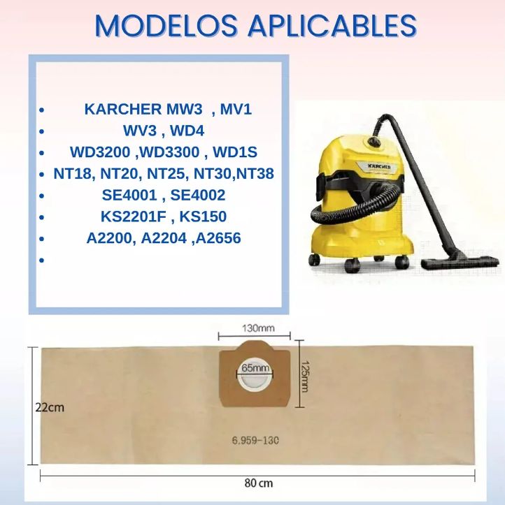 GENERICO Set 5 Bolsas Papel Aspiradora Para Karcher Wd3-se4001-nt 20