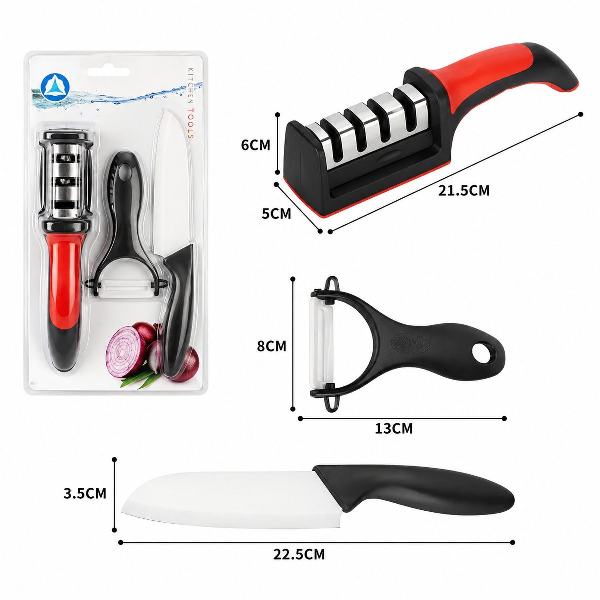 GENERICO - SET DE COCINA 3 EN 1 CUCHILLO PELADOR DE VERDURAS Y AFILADOR PROFESIONAL
