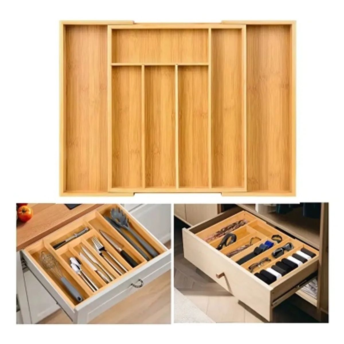 GENERICO - Organizador Cajones Bambu Para Cubiertos Bandeja Extensible