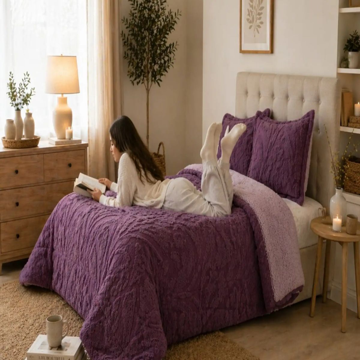 GENERICO - Cubrecama Sherpa Jacquard Deluxe Super King Diseño Relieve