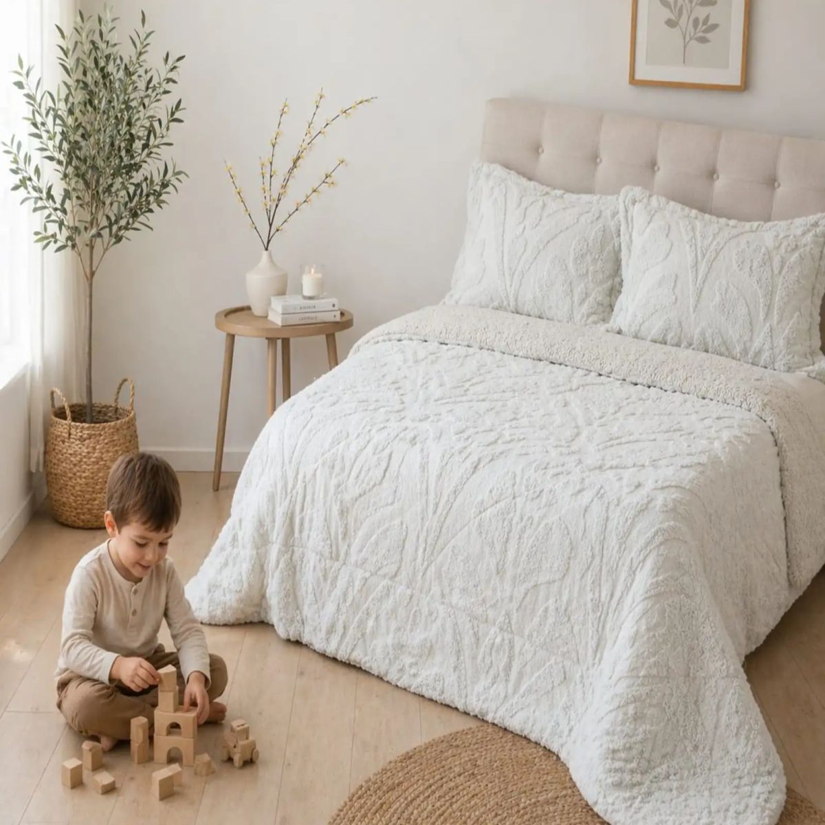 GENERICO - Cubrecama Invierno 2 Plazas Sherpa Jacquard Relieve Premium