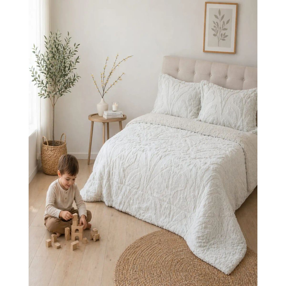 GENERICO - Cubrecama Invierno 2 Plazas Sherpa Jacquard Relieve Premium