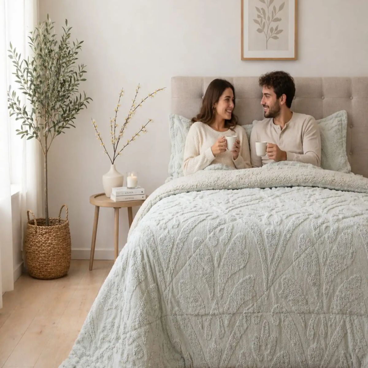 GENERICO - Cubrecama Invierno 2 Plazas Sherpa Jacquard Relieve Premium