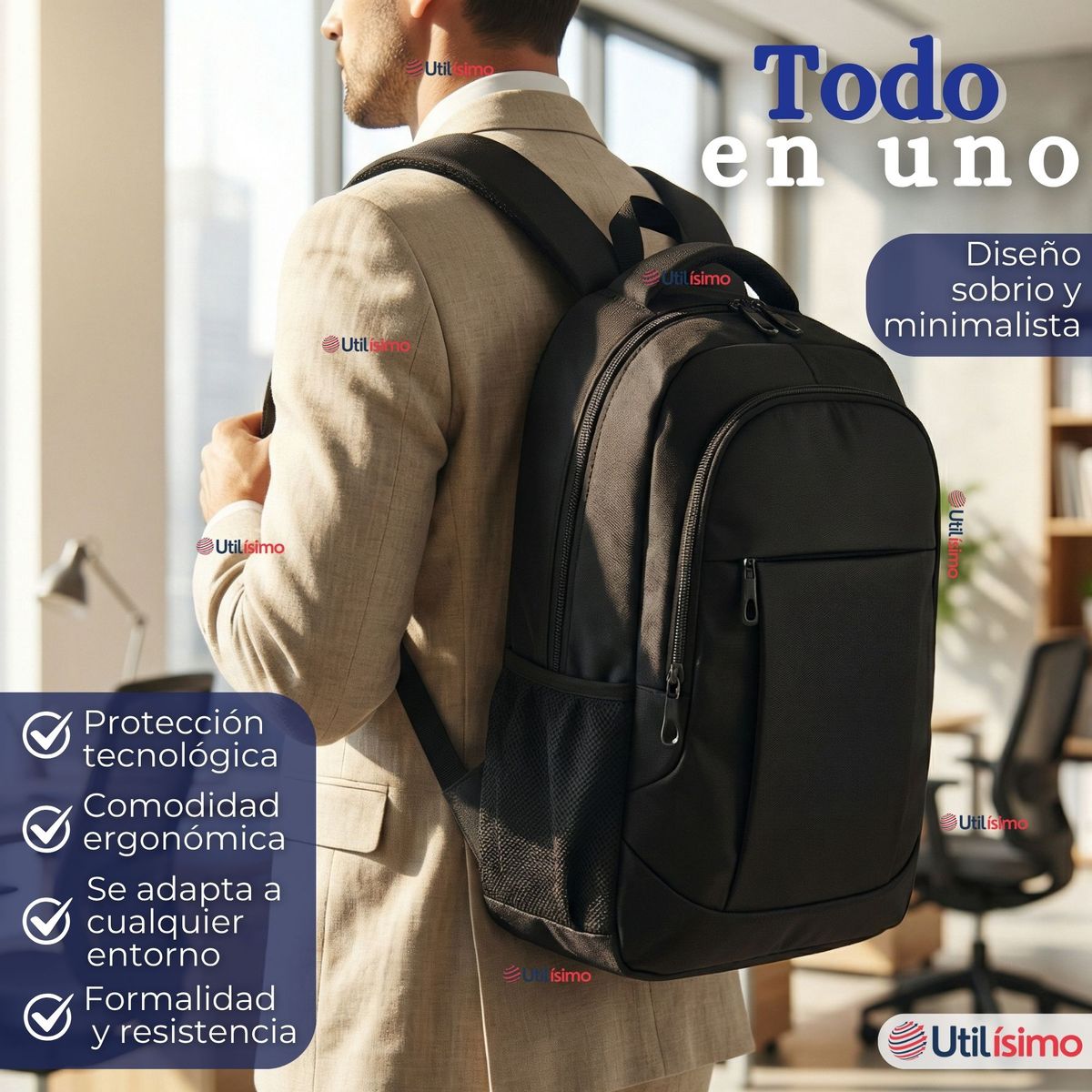 UTILISIMO - Mochila Ejecutiva Oficina Notebook Impermeable Resistente 48cm Negro 25L