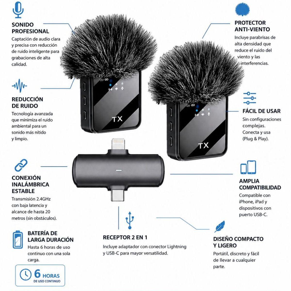 IRM - Pack 2 Microfonos Inalambrico 3 En 1 Para iPhone Android Pc