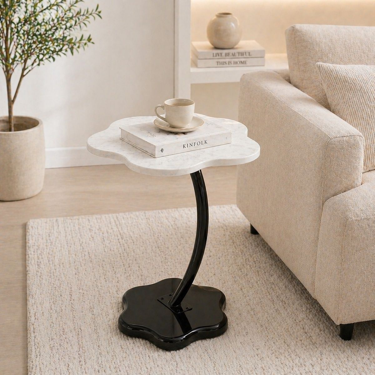 GENERICO - Mesa Arrimo Premium Elegancia Marmoleada Blanco y Diseño Curvo
