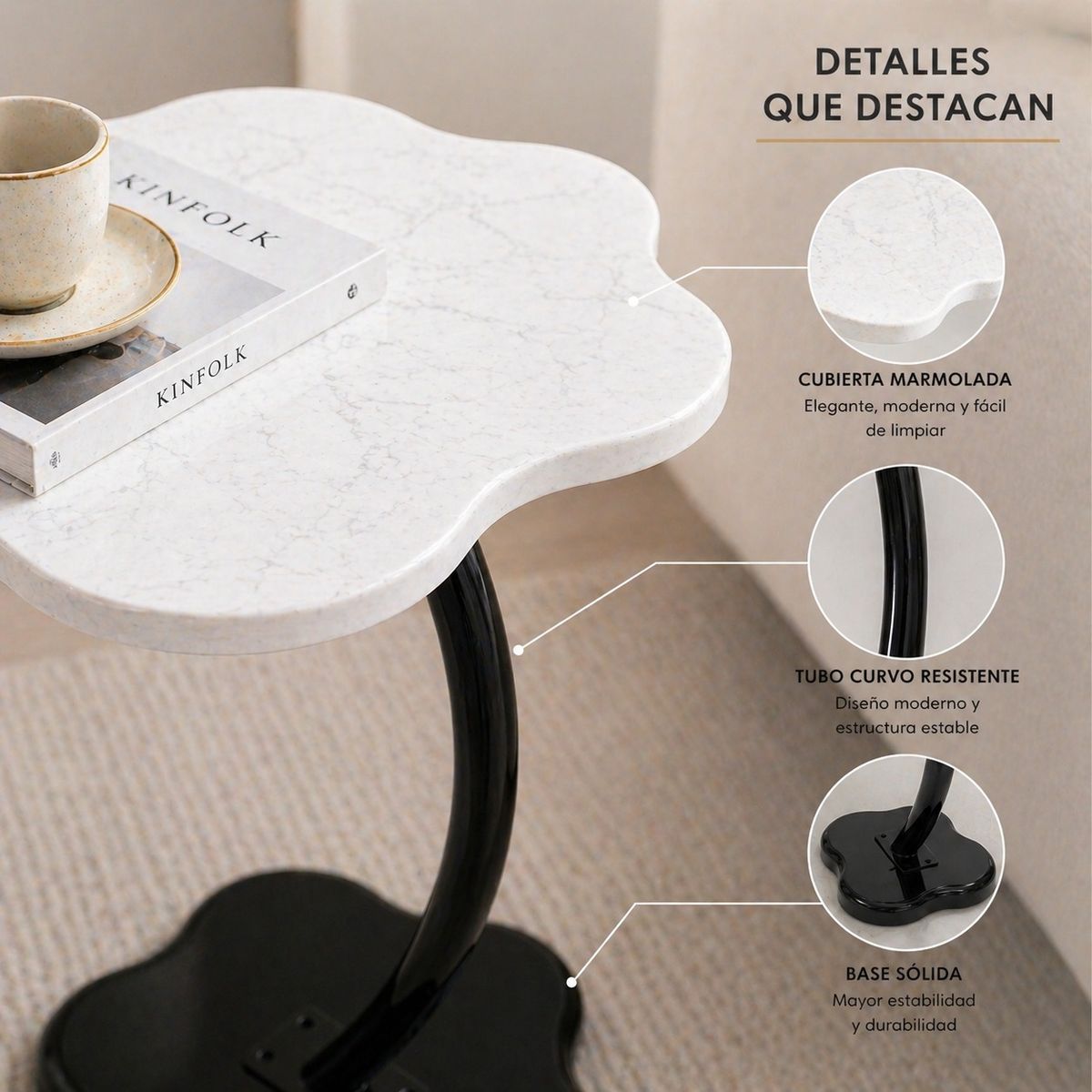 GENERICO - Mesa Arrimo Premium Elegancia Marmoleada Blanco y Diseño Curvo