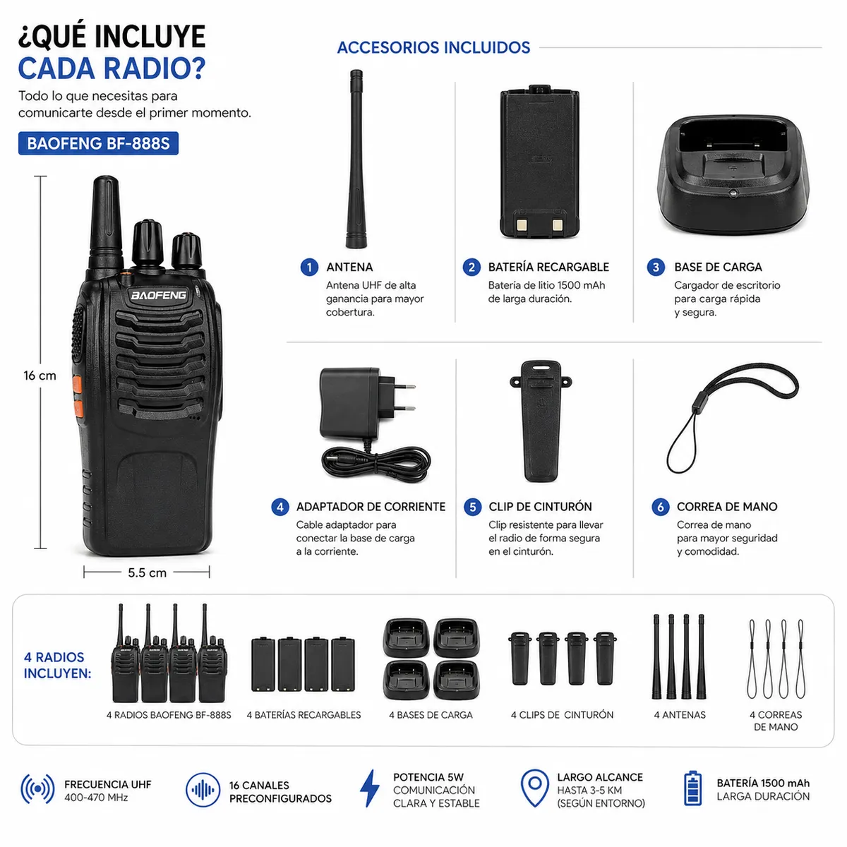 TASBEL - pack de 4 Radio Transmisor Walkie Talkie Bf-888s Baofeng Woki Toki